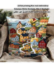 1pc 45.72 X 45.72 Cm Double-Sided Pillow Case With 2D Design Of Fishing Village Fjällbacka, Sweden, Suitable For Sofa, Bedroom, Outdoor And Living Room (Pillow Insert Not Included), No Embroidery - Multicolor - View 1