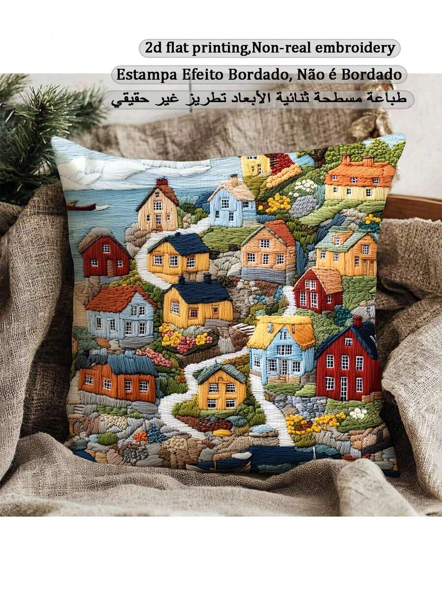 1pc 45.72 X 45.72 Cm Double-Sided Pillow Case With 2D Design Of Fishing Village Fjällbacka, Sweden, Suitable For Sofa, Bedroom, Outdoor And Living Room (Pillow Insert Not Included), No Embroidery - Multicolor - View 1