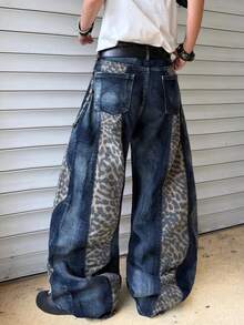 Infinite Jeans 1pc American Street Fashion Men's Patterned Patchwork Leopard Print Denim Jeans Loose Wide Leg Pants Comfortable Versatile All-Season Long Pants (Produk Tidak Termasuk Sabuk dan Aksesoris) - Biru - View 4