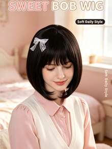 12 Inch Black Straight Bob Wig With Bangs, Elegant Short Hair, Suitable For Holiday Party And Date Styling - Multicolor - View 2