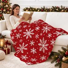 1pc Christmas Decorative Blanket, Red Background With White Snowflake Pattern, Flannel Single-Sided Printed Blanket, Perfect For Holidays, Birthdays, Sofa And Home Decor - Multicolor - View 9