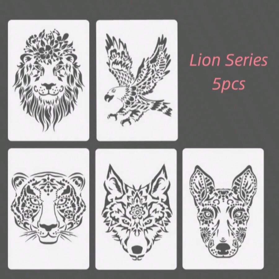 5pcs Reusable Animal Stencils, Lion, Tiger, Wolf, Dog Patterns For DIY Painting, Scrapbooking, Wall Decor And Craft Materials - Sets - View 1