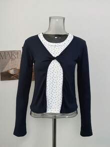 Korean Style Gentle Twist Front Blue & White Colorblock Floral Design Long Sleeve 2 In 1 Women's Autumn/Winter Top - Navy Blue - View 6