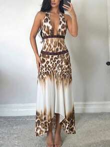 Kliou 豹紋性感露背長洋裝 女款夏季繃帶掛脖深V領無袖修身晚宴夜店派對時尚洋裝 - 棕色 - 查看 4