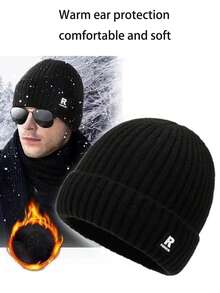 1PC Men's Winter Knitted Hat, Thermal Lined Thick Warm Woolen Cap, Windproof Cold Weather Beanie For Cycling - A - View 1