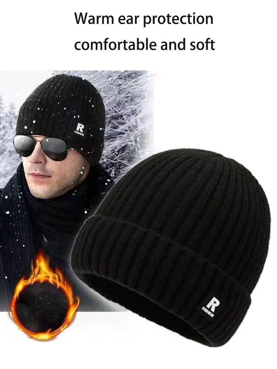 1PC Men's Winter Knitted Hat, Thermal Lined Thick Warm Woolen Cap, Windproof Cold Weather Beanie For Cycling - A - View 1