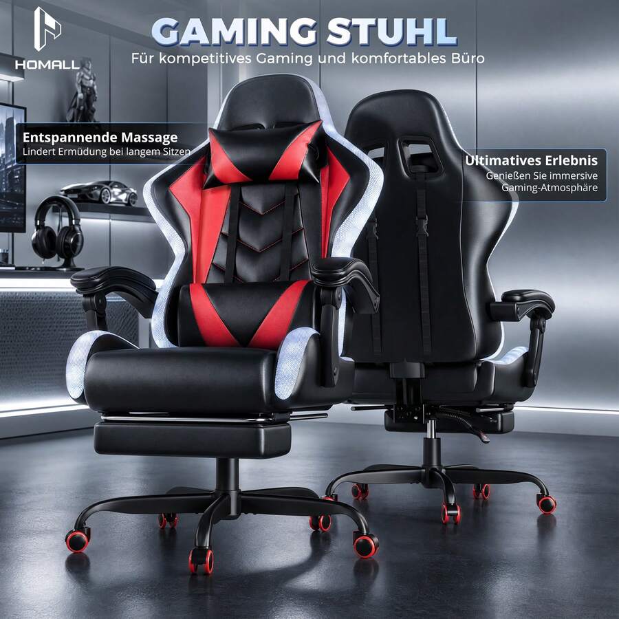 Devoko LED Gaming Chair With Massage, Computer Chair With Footrest And Massage Lumbar Cushion, Racing Gamer Chair Ergonomic With Adjustable Headrest, Office Chair Gaming Chair 130 Kg Load Capacity - Red - View 1