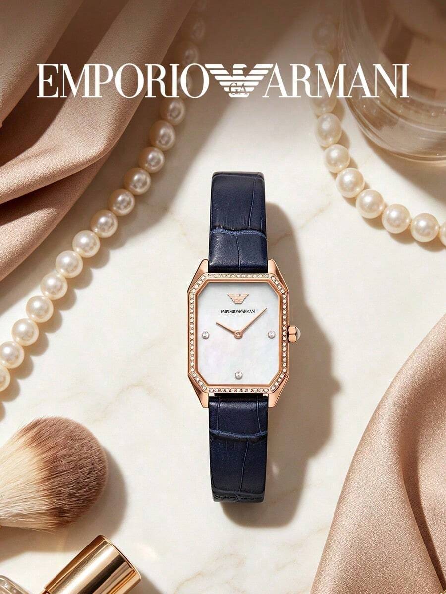 Armani Ladies Octagonal Quartz Watch, Mother-Of-Pearl Dial, Crystal Bezel, Navy Blue Crocodile Embossed Leather Strap 30m Waterproof AR11466 - Gold - View 1