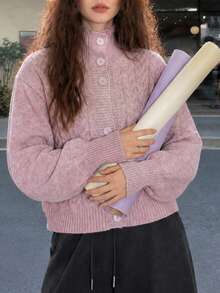 Women's Autumn/Winter Casual Minimalist Cable Knit Cardigan Jacket With Stand-Up/Turn-Down Collar - Mauve Purple - View 3