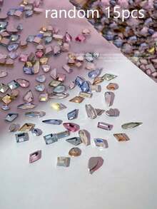 15pcs Shiny Rock Candy Zirconia Flat Back Nail Rhinestones, Flower Cut Flat Back Rhinestones, K9 Beveled Small Flat Back Asymmetrical Rhinestones, Colorful Mixed Nail Rhinestones - Multicolor - View 12