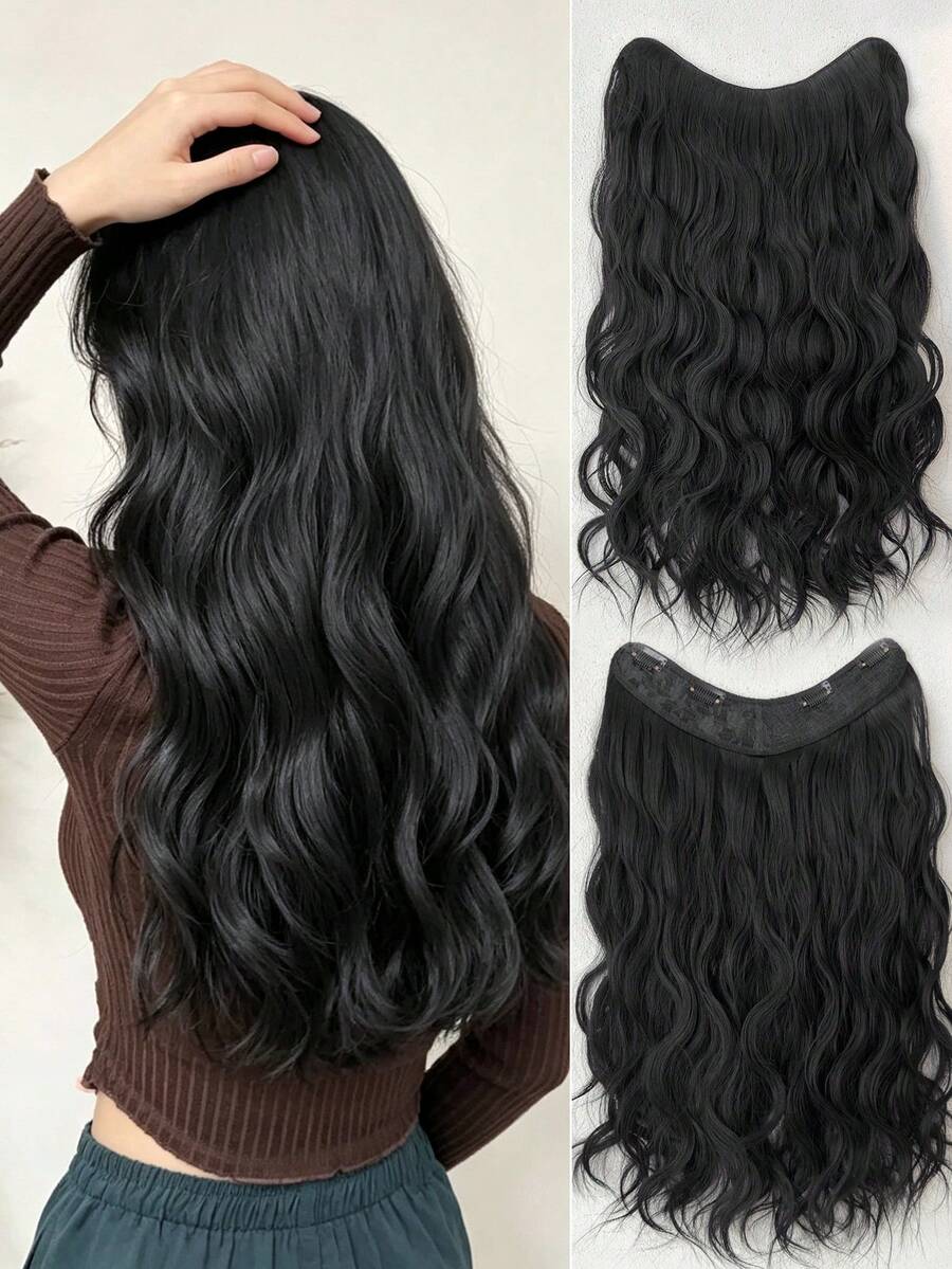24-Inch U-Shaped Clip-In Hair Extensions, Black, Natural Wavy Synthetic Fiber Hair Piece, Halloween