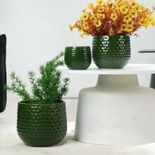 Handmade 3-Piece Ceramic Planter Set (Ø 23/17/12 Cm), Glossy Dark Green With Dotted Relief, Breathable, Frost-Resistant, With Drainage Holes For Garden & Balcony - B - View 3