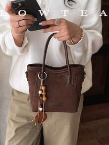 low tea 1pc Suede Bucket Handbag With Adjustable Shoulder Strap, Suitable For Commuting, Shopping, Etc. (With Pendant) - Coffee - View 2