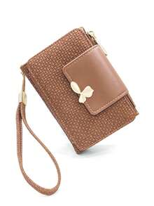 Women's Vintage Straw-Woven Texture PU Short Multi-Function Wallet, Large Capacity Card Holder With Exquisite Metal Flower Logo, Casual Wristlet Bag Suitable For Various Occasions - Multicolor - View 15