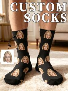 Custom Face Socks, Personalized Photo Print Crew Socks, Red Heart Pattern, Customized Gift For Boyfriend Valentine's Day Present - Black - View 7