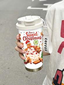 1pc/5pcs 500ml Stainless Steel Insulated Coffee Travel Mug, With Hanging Rope, White Sweet Christmas Gingerbread Man Candy Cookie Christmas Print, Reusable Leak-Proof Portable Commuter Cup, Suitable For Office, Commuting, Outdoor, Cute Christmas Gift, Suitable For Men And Women - Multi-color - Sweet Christmas - View 8