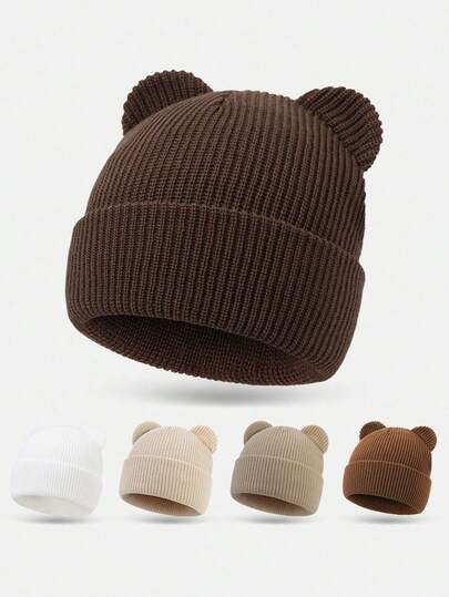1pc Baby Bear Ear Knitted Hat, Toddler Knitted Hat, Infant Hat, Bear Ear Hat, Newborn Hat, Soft Elastic, Outdoor Warm Hat
