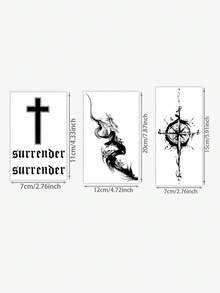 3pcs Herbal Temporary Tattoo Sticker, Cross Text Ink‑Wash Dragon Compass Sword Dark Pattern, Realistic Fake Tattoo Design, Suitable For Daily Wear, Bachelorette Party Favors, Music Festivals, Game Events, Graduation Gifts, Lasts 7‑14 Days - Black - View 2
