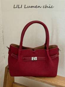 Women's Woven Texture Silver Metal Square Lock Crossbody Bag With Dual Handles, Side D-Rings For Detachable Shoulder Strap, Multi-Compartment Handbag And Shoulder Bag, Vintage Elegant Style For Commute, Date And Festive Occasions - Red - View 10