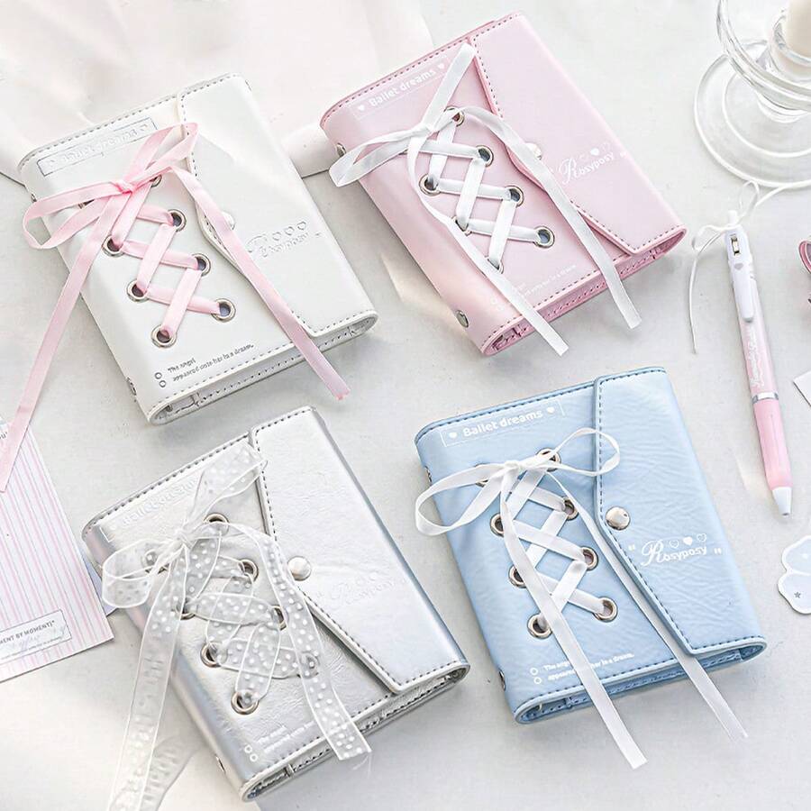 Rosyposy 1pc Cute Coquette Balletcore Mini M5 3-Ring Binder Journal With Heart Photo Window & Ribbon Lace-Up, PU Leather Photocard Holder Notebook - Multicolor - View 1