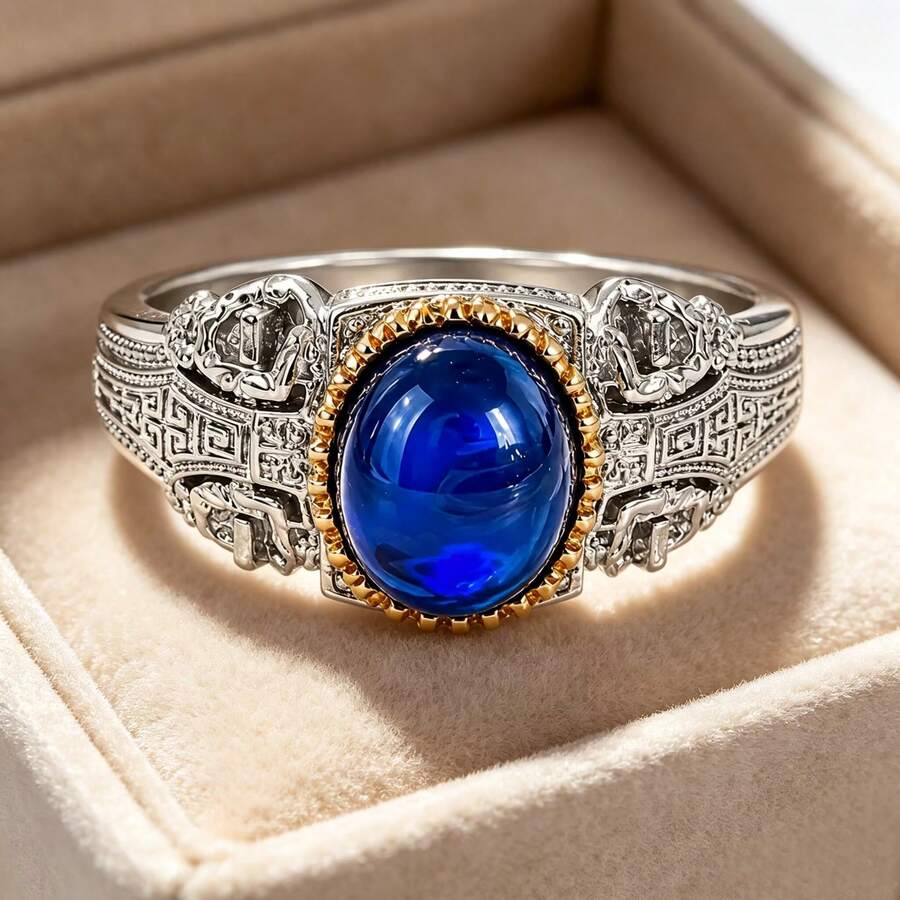 Vintage Royal Style Faux Sapphire Men's Ring Gold & Silver Contrast Color Carved Finger Ring Men Accessory Christmas Valentine's Day Gift - Multicolor - View 1