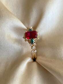 ZHIXUN 1pc Fashion Vintage Gold Floral Silk Red Synthetic Zirconia Ring, Exquisite Luxury Bridal Ring, Suitable For Women Wedding Party Gift - Ring - View 3