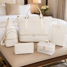 5‑In‑1 Travel Duffel Bag Set Quilted Weekender Tote With Shoe Compartment Cosmetic Pouch Sling Backpack For Travel - White - View 4