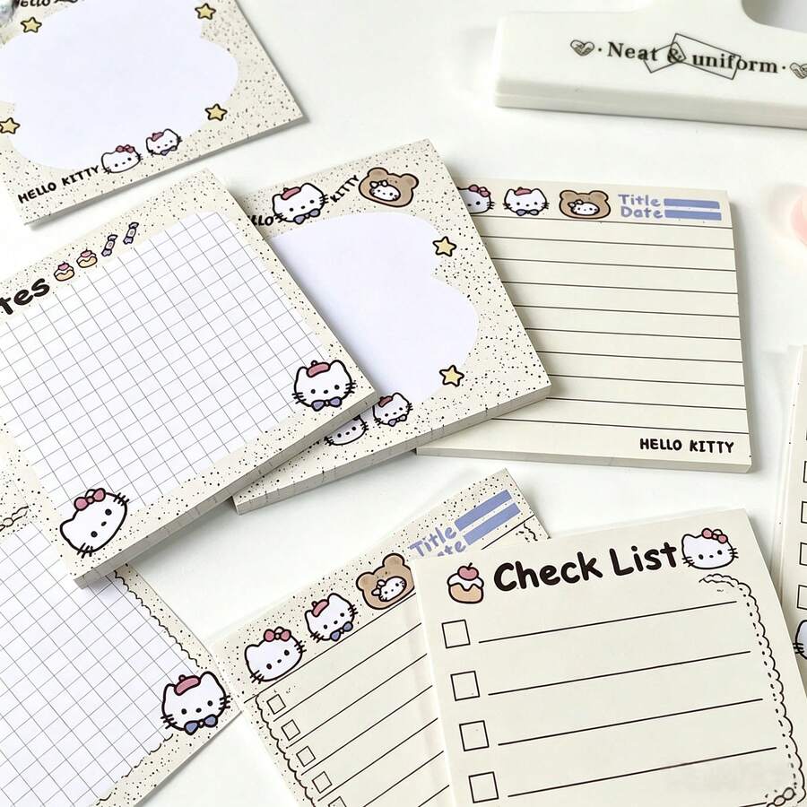 SANRIO 4pcs Cute Cartoon Hello Kitty Memo Pads, Multiple Inner Page Styles: Checklist / Lined / Grid, Thick Paper No Bleed-Through, Student Study Plan Tracking, Office Memo Notepad, High-Aesthetic Stationery - A - View 1