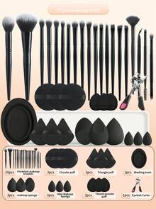 37pcs Multi-Function Makeup Tool Set, 20 Makeup Brushes & 15 Powder Puffs & Eyelash Curler & Brush Cleaner, Dense Soft Bristles With Even Powder Pickup And No Flying Powder, Suitable For Student Dorm Daily Makeup, Business Travel And Portable Makeup - Multicolor - View 11