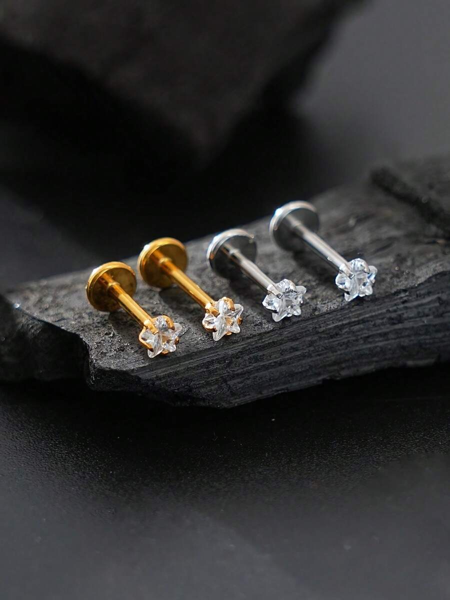 4pcs/2pcs Set Exquisite 316L Hypoallergenic Stainless Steel Star-Shaped Cubic Zirconia Internal Threaded Stud Earrings, Nose Studs, Lip Studs, Suitable For Women's Lip, Ear Cartilage Piercing Jewelry - Multicolor - View 1