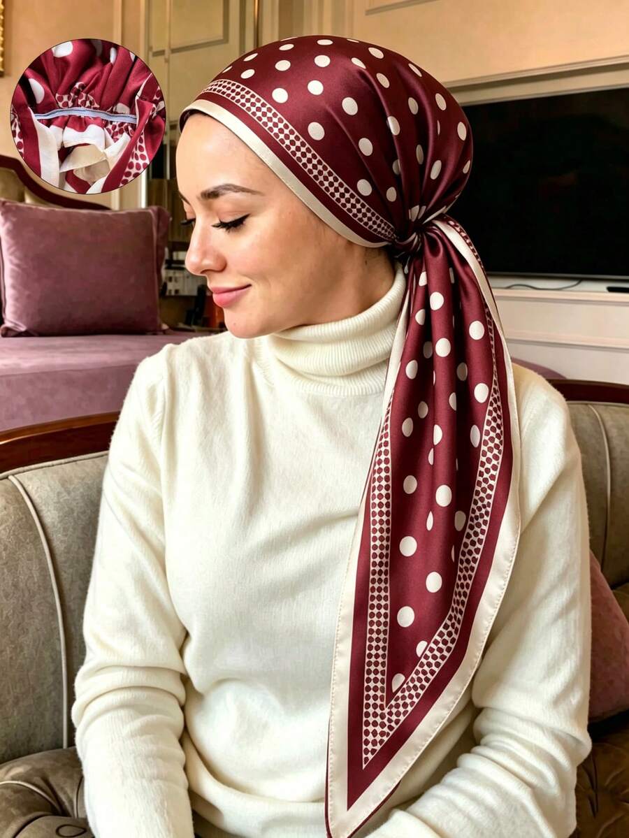 1Pc Muslim Women Polka Dot Pre‑Tied Hijab, Satin Integrated Headscarf, Decorative Border Print Modest Hijab For Daily Prayer Wear - Red - View 1