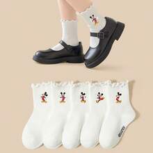 Disney Socks/Mickey Mouse 5 Pairs All-Season Kids Ruffled Edge School Socks, Simple Playful Cartoon Mickey Mouse Pattern Decoration, Fashionable Personalized Soft Breathable Comfortable Moisture-Wicking Odor-Resistant Sports Socks/Ruffled Mid-Calf Socks, Casual Versatile Suitable For Travel/School Wear/Daily Wear/Sports Wear - Multicolor - View 3