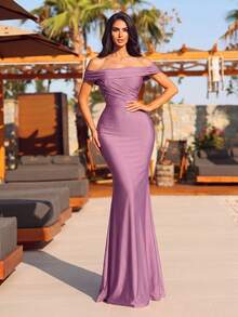 Faeriesty Off-Shoulder Pleated Maxi Dress - Slimming Fit, Suitable For Romantic Dates, Anniversary Celebrations And Formal Dinners Party Wedding Fall - Rusty Rose - View 4