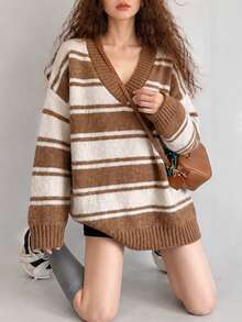 Women's New Autumn/Winter Casual Striped V-Neck Pullover Sweater - Khaki - View 4