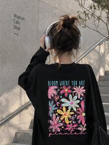 女款寬鬆版型日系貓咪印花長袖T恤，春秋休閒百搭 - 黑色 - 查看 1
