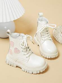 Girls Sweet Heart Decor Ankle Boots, Glitter Heart Applique Lace-Up Side Zipper Thick Sole Non-Slip Mid-Calf Boots - Beige - View 1