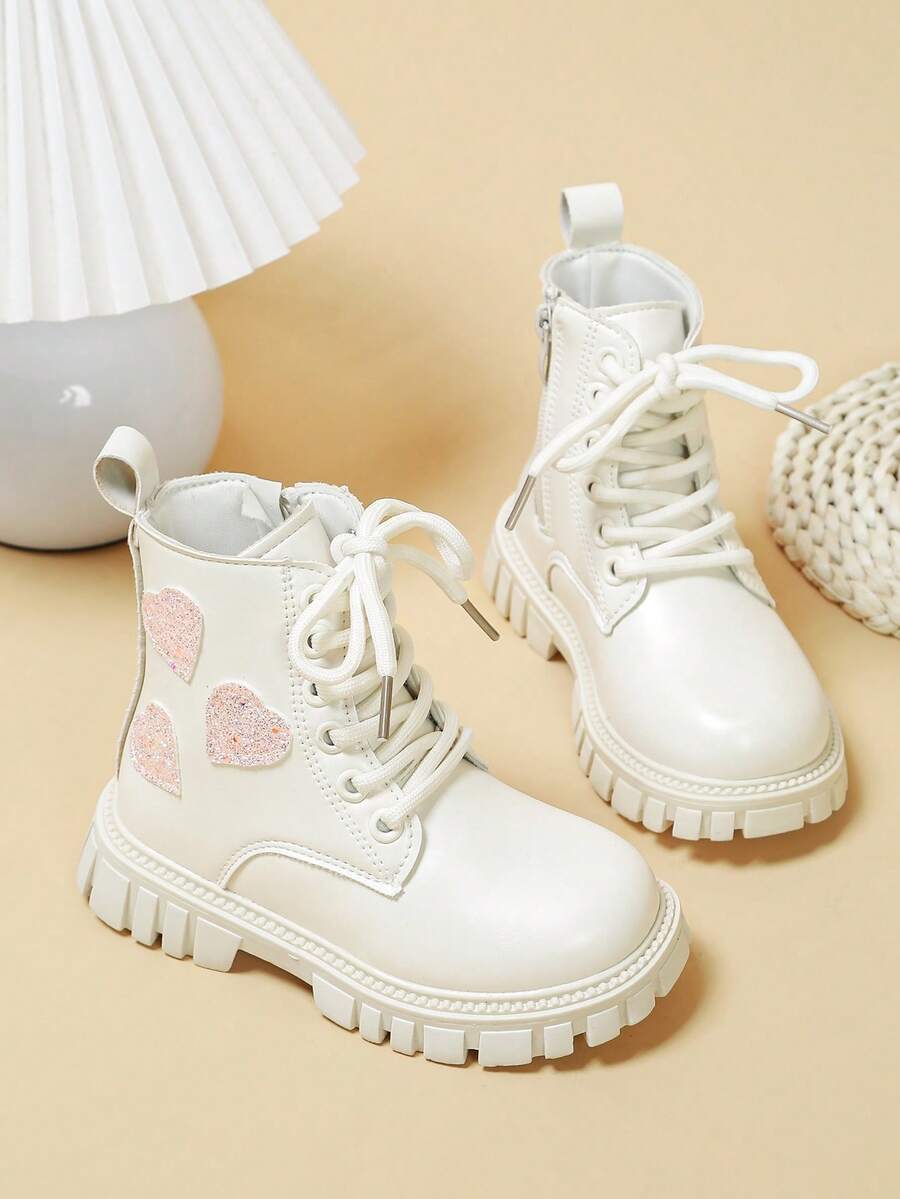 Girls Sweet Heart Decor Ankle Boots, Glitter Heart Applique Lace-Up Side Zipper Thick Sole Non-Slip Mid-Calf Boots - Beige - View 1