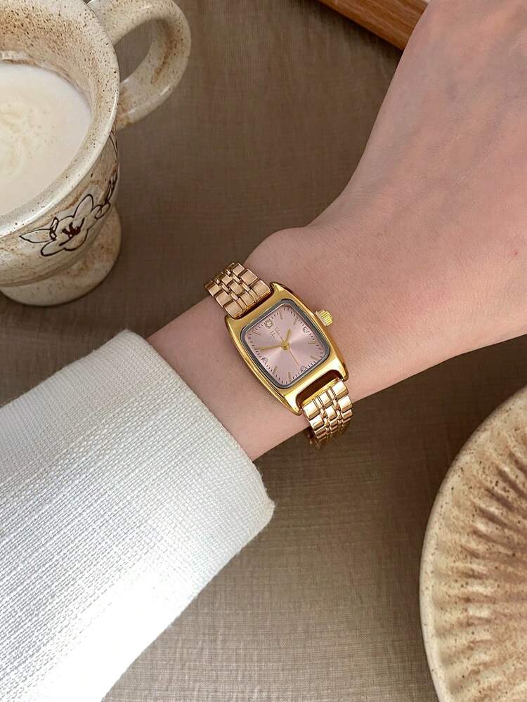 Classic Gold-Tone Quartz Watch With A Square Pink Dial Delicate Hour Markers And A Folding Clasp Strap Perfect For Everyday Wear. - Gold - View 4