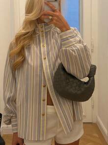 Solstice Apparel Women's Striped Stand Collar Shirt, Gold Button Lantern Puff Sleeve Loose Top - Mauve Purple - View 3