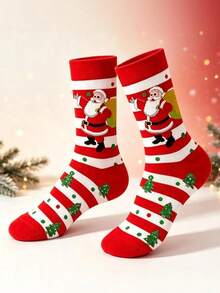 2 Pairs Men's Christmas Mid‑Calf Socks, Red‑White Striped Santa Claus Design, Soft, Breathable, Fun & Personalized Holiday‑Style Mid‑Calf Socks - Multicolor - View 3