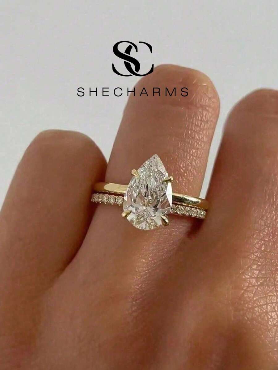 1pc Pear Cut Glossy Engagement Ring 0.5/1/2/5 Carat Wedding Ring Women Promise Ring Eternity Ring Exquisite Jewelry Gift - Gold - View 1