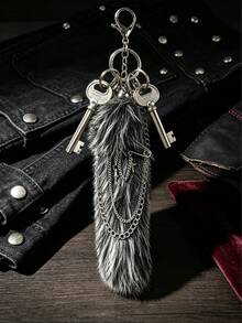 1pc Y2K Style Cross Star Chain Animal Tail Bag Charm, Gothic Animal Tail Pendant For Bag Decoration, Keychain Chain, Clothing Decoration - Dark Grey - View 5