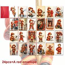 24pcs + 1 Red Envelope Cute Firefighter Theme Greeting Cards & Postcards, Featuring Brave Heroes And Rescue Dogs, Suitable For Thanksgiving, Classic Watercolor Style Art Stationery Set - Sets - View 12