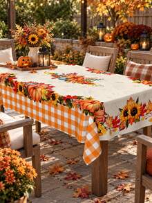 1pc Fall Pumpkin Sunflower Tablecloth, Polyester Rectangular Table Cover With Orange Gingham, Maple Leaf And Floral Border Print, Autumn Decor, Fall Home Decor, Interior Decor, Thanksgiving, Autumn Party, Interior Decoration, Kitchen Decor - Multicolor - View 5