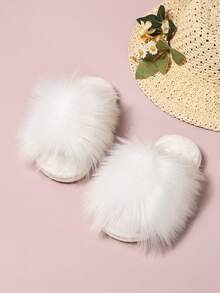 1 Pair Girls' Sweet Fuzzy Slippers, Autumn/Winter Home Warm Cute Soft Sole Anti-Slip Winter Children's House Slippers - White - View 3