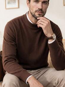 Men's Crew Neck Long Sleeve Solid Color Minimalist Casual Lightweight Knit Sweater For Fall & Winter - Coffee Brown - View 1