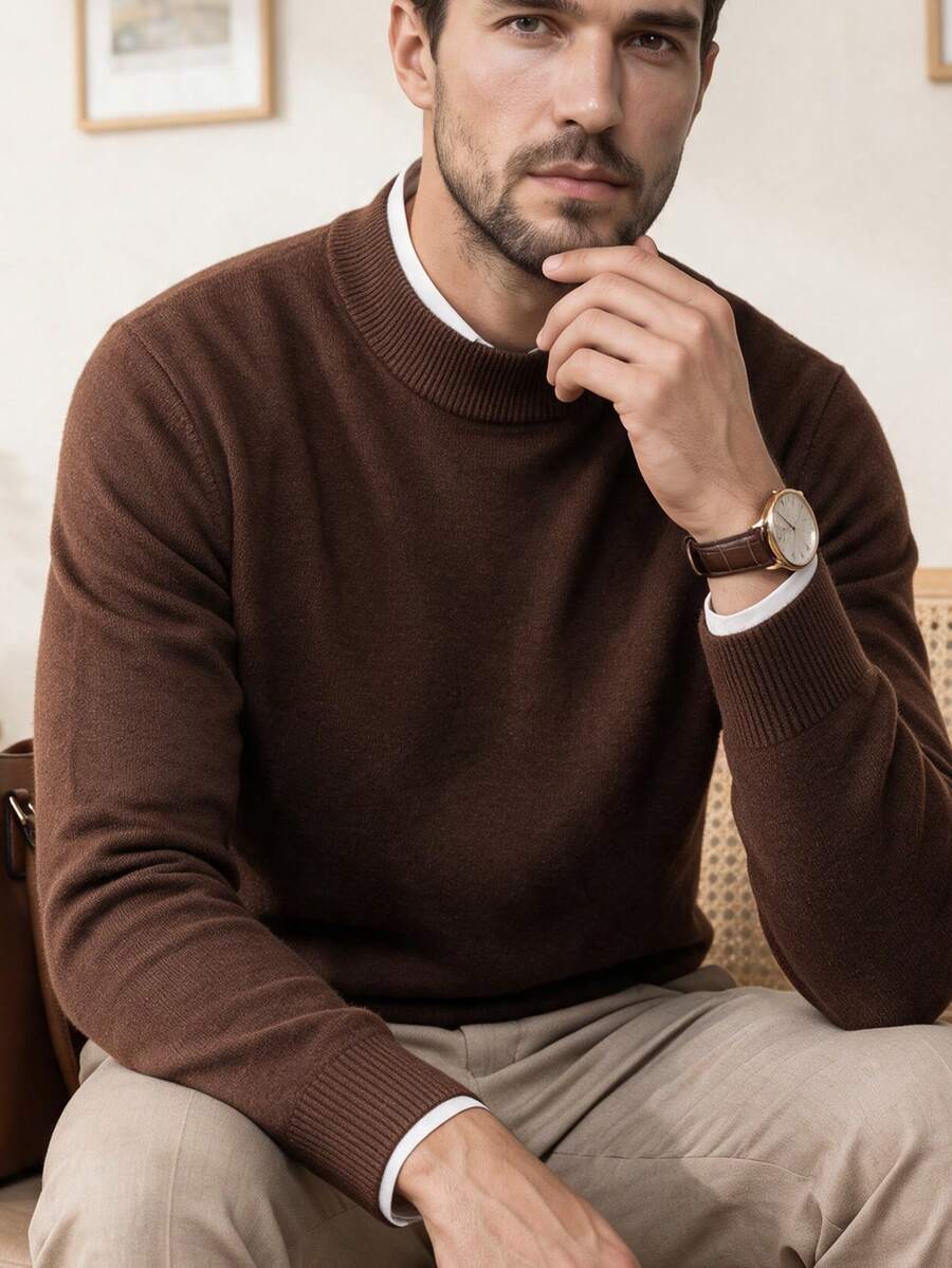 Men's Crew Neck Long Sleeve Solid Color Minimalist Casual Lightweight Knit Sweater For Fall & Winter - Coffee Brown - View 1