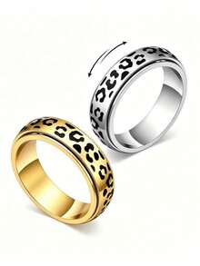 1pc Stainless Steel 18K Gold Leopard Print Hip Hop Personalized Stress Relief Rotating Ring - Leopard Print Ring - View 3
