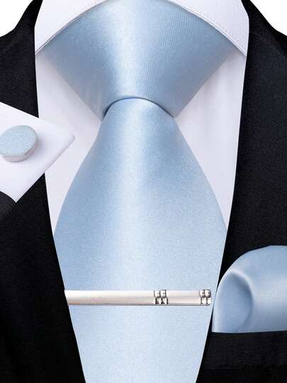 Light Blue Solid Color Men's Tie 4-Piece Set With Pocket Square, Cufflinks, Silver Tie Clip, Evening Party Accessories
