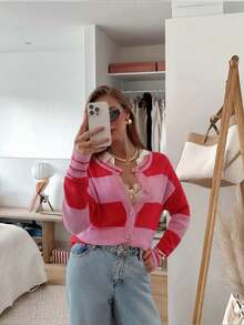 SEREN Women's Fashion Colorblock Striped Knit Cardigan, Y2K Top, Sweet Versatile Sweater Jacket, Suitable For Daily Wear - Multicolor - View 6